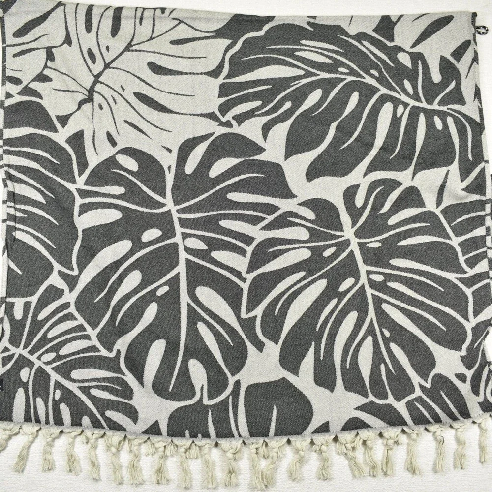 Slowtide Beach Towel Monstera Gray Turkish Cotton Fringe Tassel Large Bath